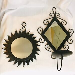 Set of Decorative Wall Sconce Pillar Candleholder and a Small Mirror